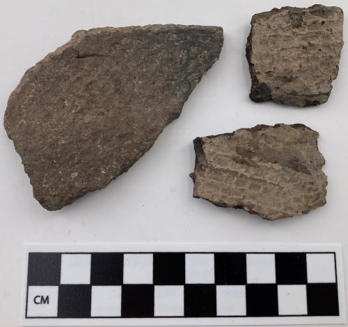 Color photo, 3 Indigenous ceramic fragments of various size with muddy check impressions. 