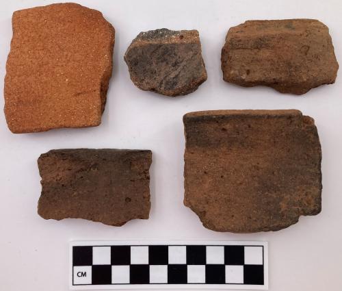 Color photo, 5 plain Indigenous ceramic fragments varying in depth of red pigment and size.