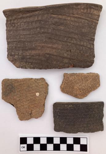 Color photo, 4 Indigenous ceramic fragments with varying-sized check stamp indentations, two are partial rim fragments.