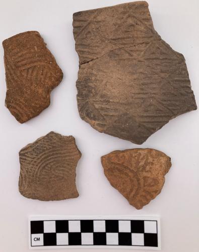 Color photo, 4 Indigenous rim fragments of various sizes with both curvilinear and linear stamp indentations.