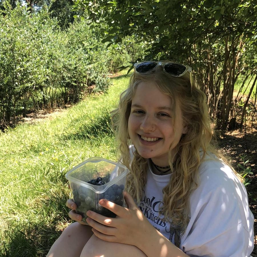 Penny holding container of blueberries